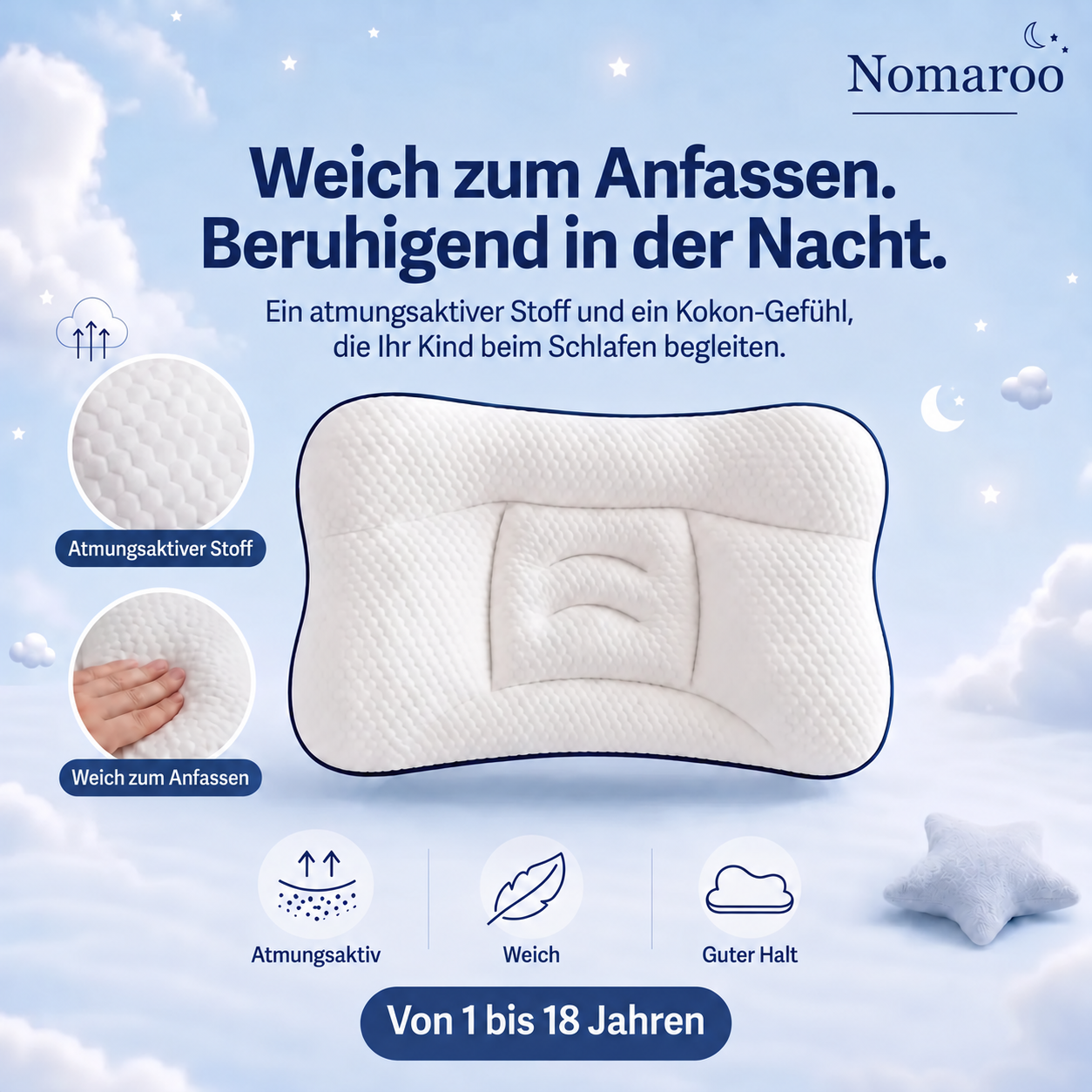 Nomaroo: ein Standardkissen neben einem Kinderkissen