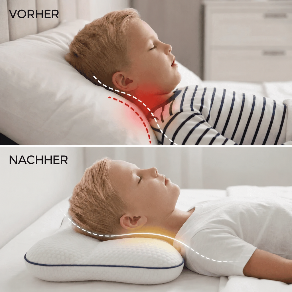 Vorher und nachher: Schlafposition auf einem normalen Kissen und auf dem Nomaroo Kinderkissen